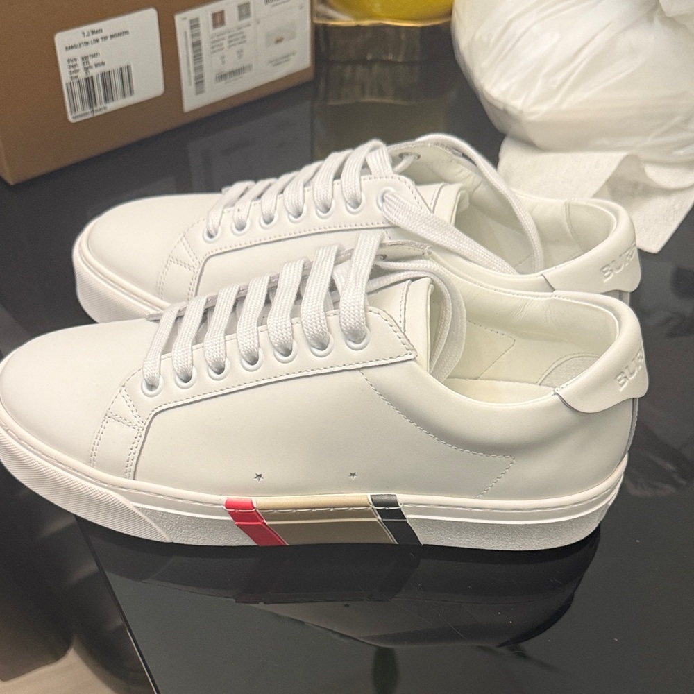 Burberry White Sneakers with Red, Black, and Beige Accents